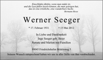 Anzeige von Werner Seeger von Schwäbische Zeitung
