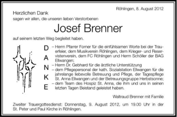Anzeige von Josef Brenner von Schwäbische Zeitung