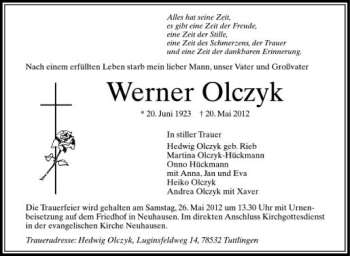 Anzeige von Werner Olczyk von Schwäbische Zeitung