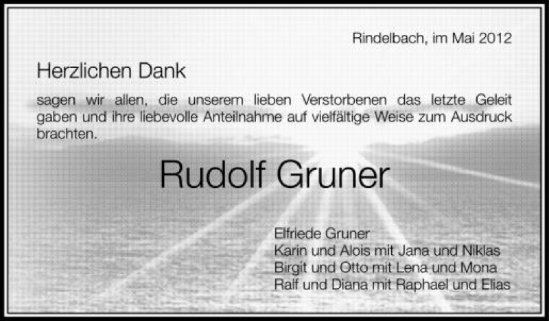  Traueranzeige für Rudolf Gruner vom 15.05.2012 aus Schwäbische Zeitung