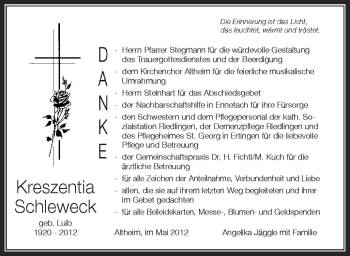 Anzeige von Kreszentia Schleweck von Schwäbische Zeitung