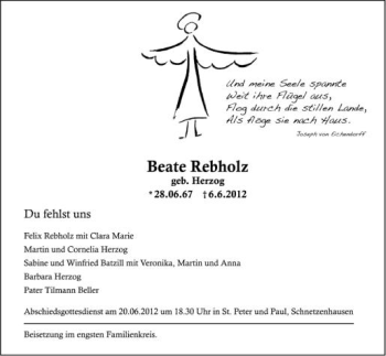 Anzeige von Beate Rebholz von Schwäbische Zeitung