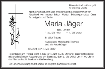 Anzeige von Maria Jäger von Schwäbische Zeitung