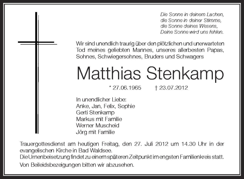  Traueranzeige für Matthias Stenkamp vom 27.07.2012 aus Schwäbische Zeitung