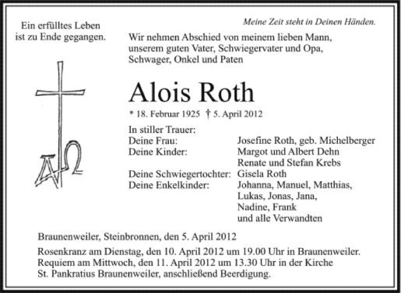  Traueranzeige für Alois Roth vom 10.04.2012 aus Schwäbische Zeitung