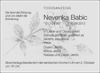 Anzeige von Nevenka Babic von Schwäbische Zeitung