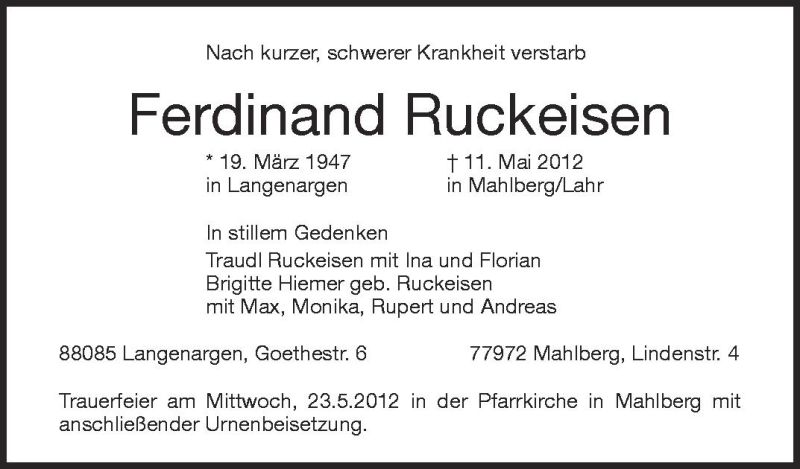  Traueranzeige für Ferdinand Ruckeisen vom 21.05.2012 aus Schwäbische Zeitung