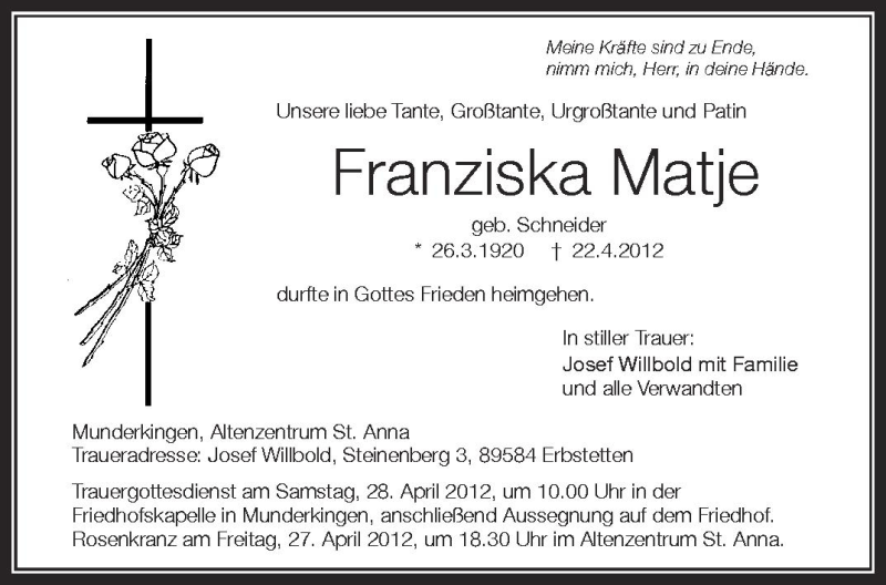  Traueranzeige für Franziska Matje vom 25.04.2012 aus Schwäbische Zeitung