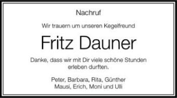 Anzeige von Fritz Dauner von Schwäbische Zeitung