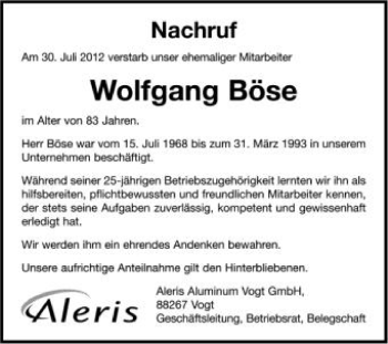 Anzeige von Wolfgang Böse von Schwäbische Zeitung