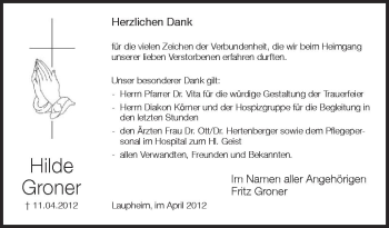 Anzeige von Hilde Groner von Schwäbische Zeitung