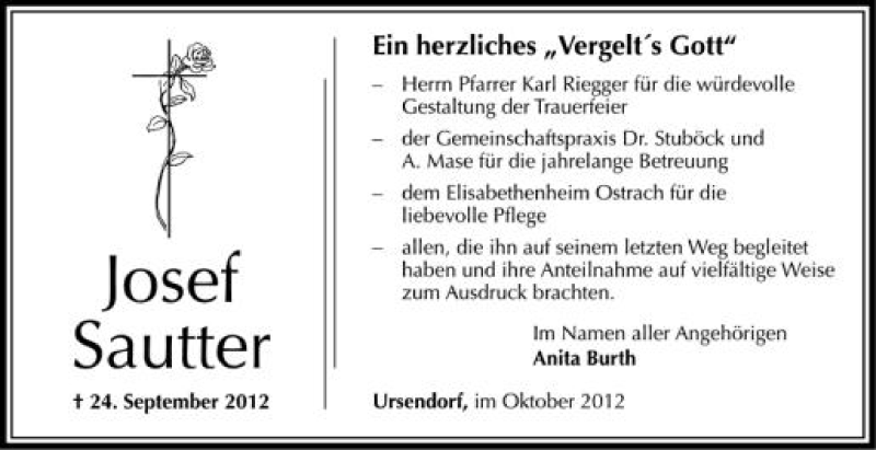  Traueranzeige für Josef Sautter vom 17.10.2012 aus Schwäbische Zeitung