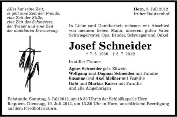 Anzeige von Josef Schneider von Schwäbische Zeitung