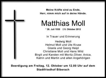 Anzeige von Matthias Moll von Schwäbische Zeitung