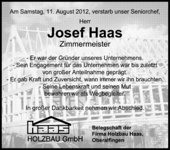 Anzeige von Josef Haas von Schwäbische Zeitung