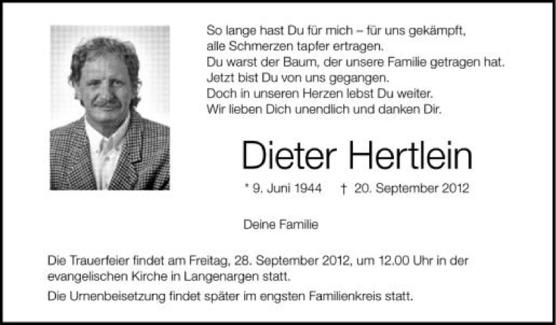  Traueranzeige für Dieter Hertlein vom 28.09.2012 aus Schwäbische Zeitung
