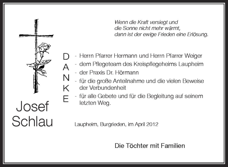  Traueranzeige für Josef Schlau vom 21.04.2012 aus Schwäbische Zeitung