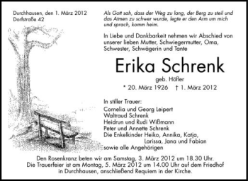 Anzeige von Erika Schrenk von Schwäbische Zeitung