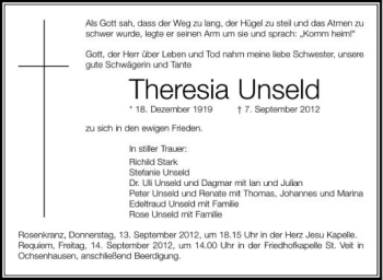Anzeige von Theresia Unseld von Schwäbische Zeitung