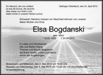 Anzeige von Elsa Bogdanski von Schwäbische Zeitung
