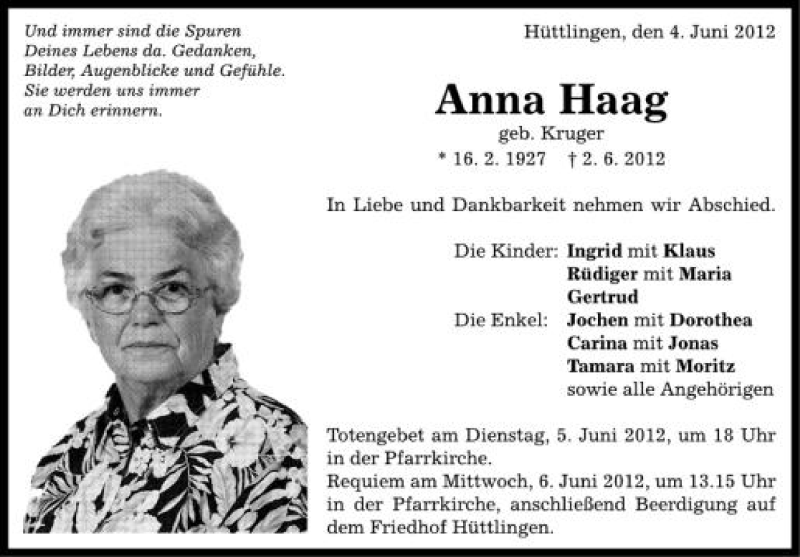  Traueranzeige für Anna Haag vom 04.06.2012 aus Schwäbische Zeitung