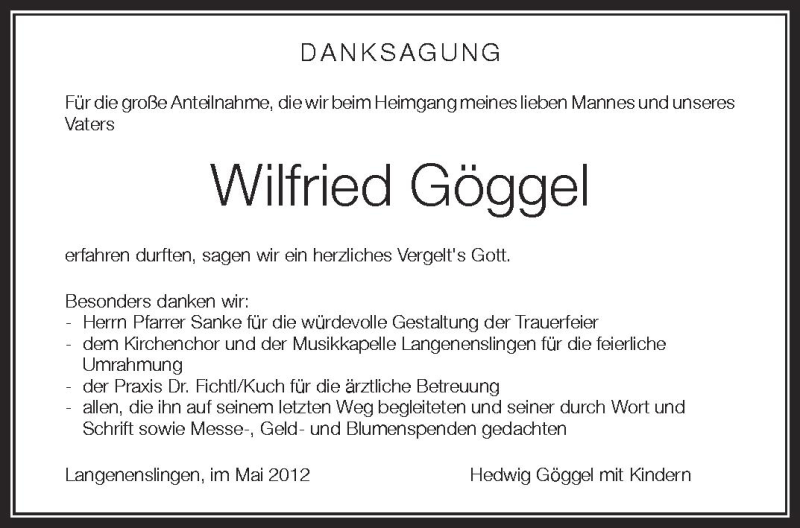  Traueranzeige für Wilfried Göggel vom 26.05.2012 aus Schwäbische Zeitung