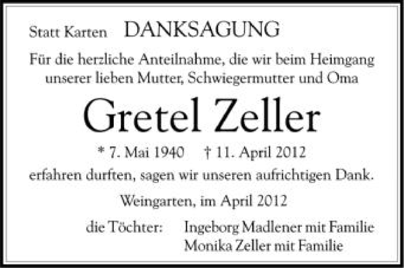  Traueranzeige für Gretel Zeller vom 30.04.2012 aus Schwäbische Zeitung