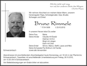 Anzeige von Bruno Rimmele von Schwäbische Zeitung