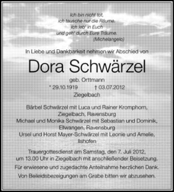 Anzeige von Dora Schwärzel von Schwäbische Zeitung