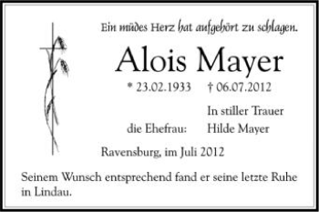 Anzeige von Alois Mayer von Schwäbische Zeitung