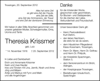 Anzeige von Theresia Krissmer von Schwäbische Zeitung