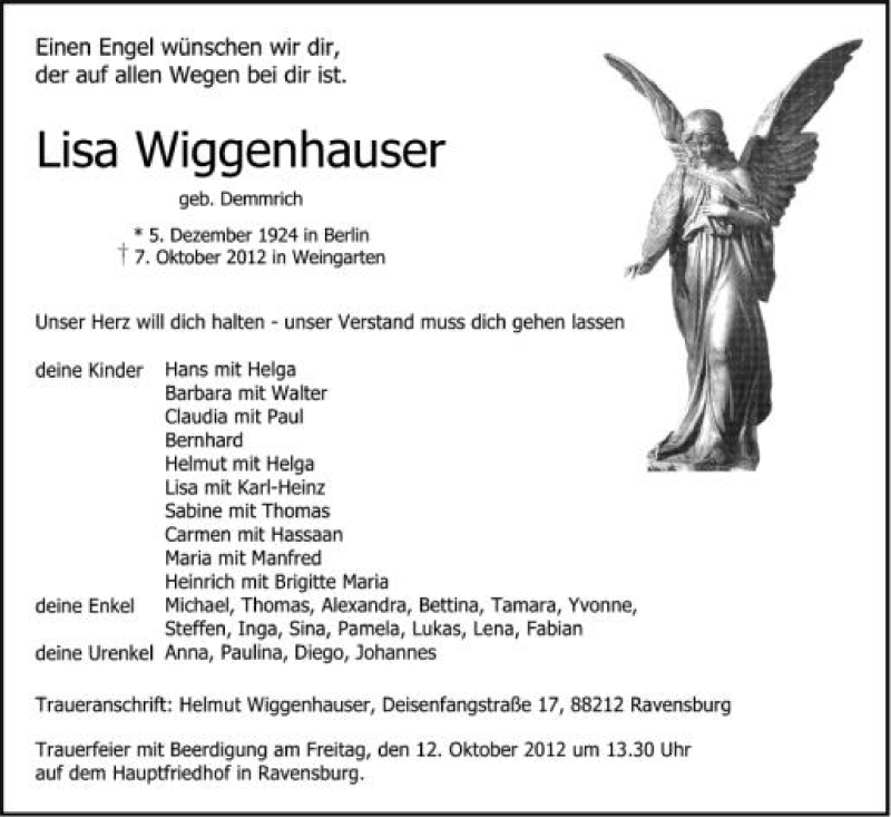  Traueranzeige für Lisa Wiggenhauser vom 09.10.2012 aus Schwäbische Zeitung