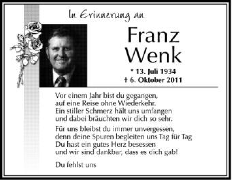  Traueranzeige für Franz Wenk vom 06.10.2012 aus Schwäbische Zeitung