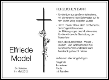 Anzeige von Elfriede Model von Schwäbische Zeitung