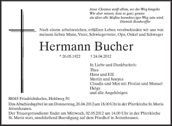 Anzeige von Hermann Bucher von Schwäbische Zeitung