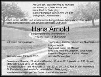 Anzeige von Hans Arnold von Schwäbische Zeitung
