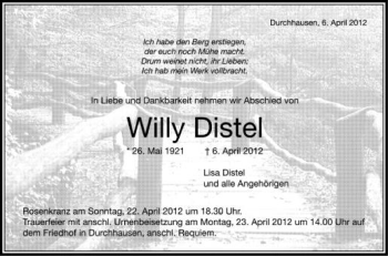 Anzeige von Willy Distel von Schwäbische Zeitung