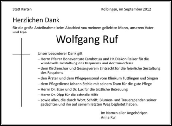 Anzeige von Wolfgang Ruf von Schwäbische Zeitung