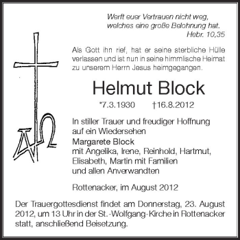 Anzeige von Helmut Block von Schwäbische Zeitung