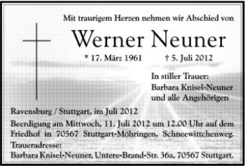 Anzeige von Werner Neuner von Schwäbische Zeitung