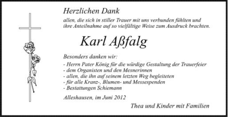  Traueranzeige für Karl Aßfalg vom 13.06.2012 aus Schwäbische Zeitung