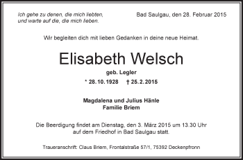Anzeige von Elisabeth Welsch von Schwäbische Zeitung