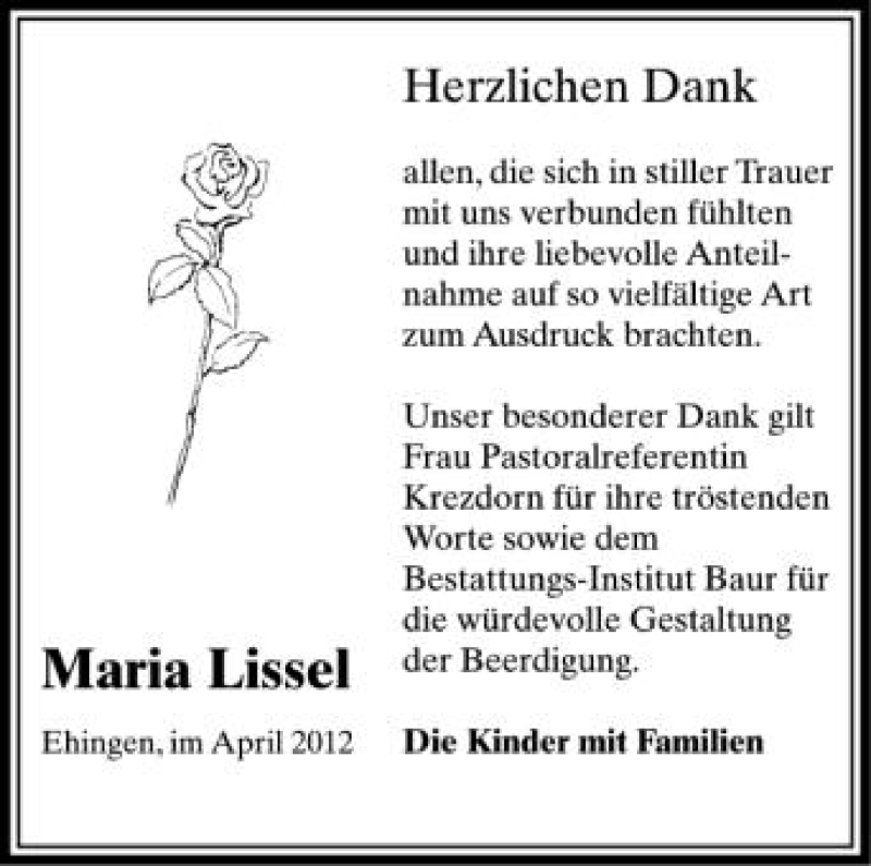  Traueranzeige für Maria Lissel vom 13.04.2012 aus Schwäbische Zeitung