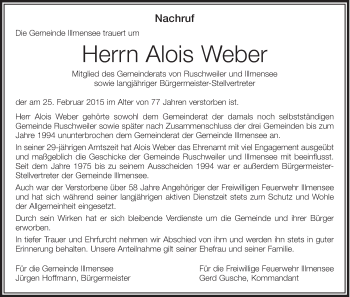 Anzeige von Alois Weber von Schwäbische Zeitung