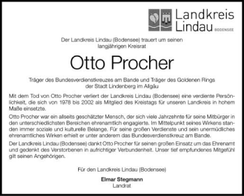 Anzeige von Otto Procher von Schwäbische Zeitung