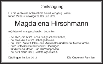 Anzeige von Magdalena Hirschmann von Schwäbische Zeitung