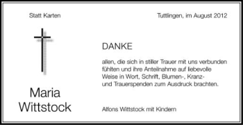 Anzeige von Maria Wittstock von Schwäbische Zeitung