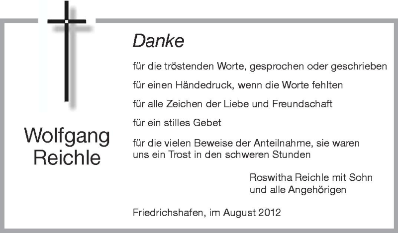  Traueranzeige für Wolfgang Reichle vom 24.08.2012 aus Schwäbische Zeitung