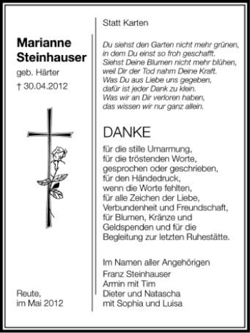 Anzeige von Marianne Steinhauser von Schwäbische Zeitung