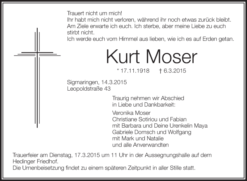  Traueranzeige für Kurt Moser vom 14.03.2015 aus Schwäbische Zeitung